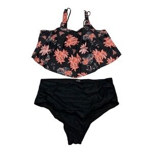 Duostick Swimsuit‎ Bikini Womens XXL Black Floral Flounce Top High Waist Bottom